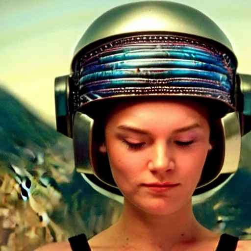 Prompt: beautiful Fine art photo of a young meditative godess wearing a cyberpunk electronic mayan helmet, photorealistic, high quality, sunrise lighting, in the movie 2001 A SpaceOdyssey, 8k