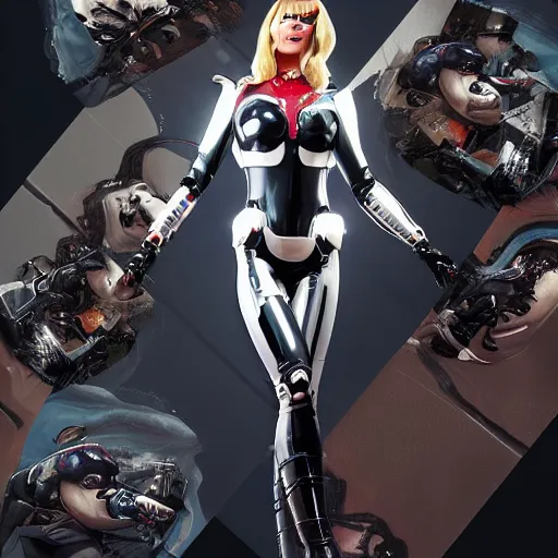 Image similar to a full portrait of beautiful, mischievous, young woman cyborg in latex suit by sandra chevrier, detailed render, epic composition, cybernetics, 4 k realistic, cryengine, realistic shaded lighting, octane render, sharp focus, masterpiece, by matteo scalera, gary montalbano, peter elson in the style of the tokyo ghost comic, epic angles