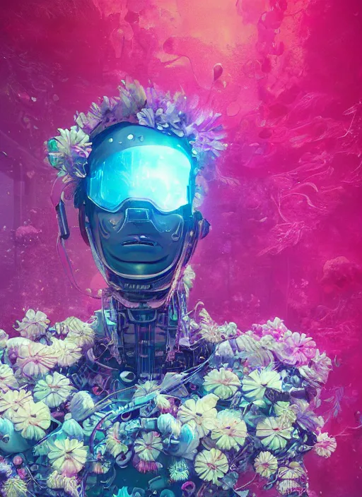 Prompt: closeup, underwater digital painting of a robot wearing a suit made of flowers, cyberpunk portrait by Filip Hodas, cgsociety, panfuturism, abstract expressionism, scribbles, made of flowers, dystopian art, vaporwave