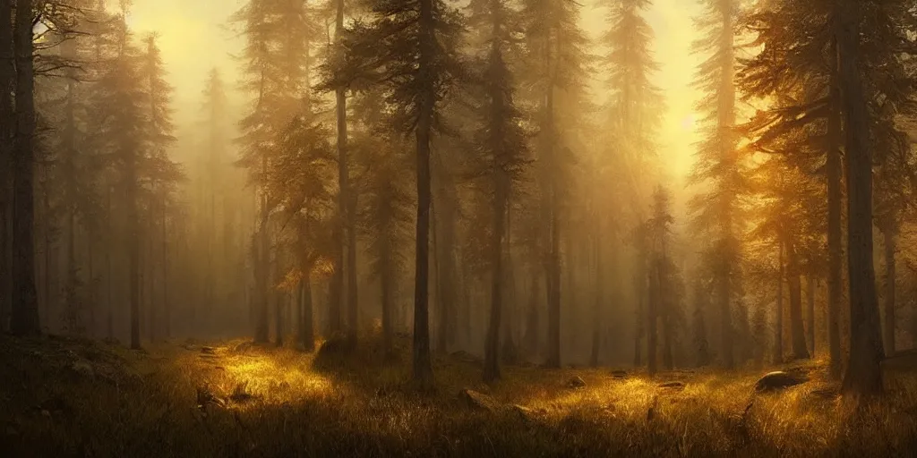 Image similar to swedish forest, photoreal, dawn, hazy, fog, golden hour, sunlight, beautiful!!!!!!!!!, greg rutkowski, cinematic, atmospheric