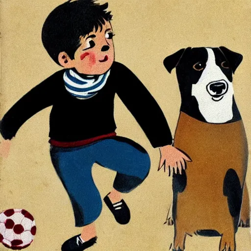 Image similar to book illustration of a french boy on the streets of paris playing football against a corgi, the dog is wearing a polka dot scarf, 1 9 6 6