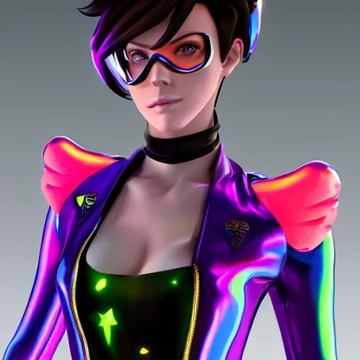 Image similar to portrait bust digital artwork of tracer overwatch, wearing iridescent rainbow latex and leather straps catsuit outfit, neon makeup, in style of mark arian, angel wings, wearing detailed leather collar, chains, black leather harness, detailed face and eyes,
