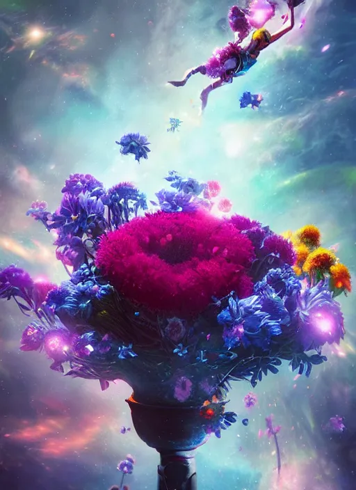 Prompt: An epic fantastic realism comic book style painting of the most beautiful twirling flowers launched across the spinning galaxy, bouquets, fisheye lens, unreal 5, DAZ, hyperrealistic, octane render, dynamic lighting