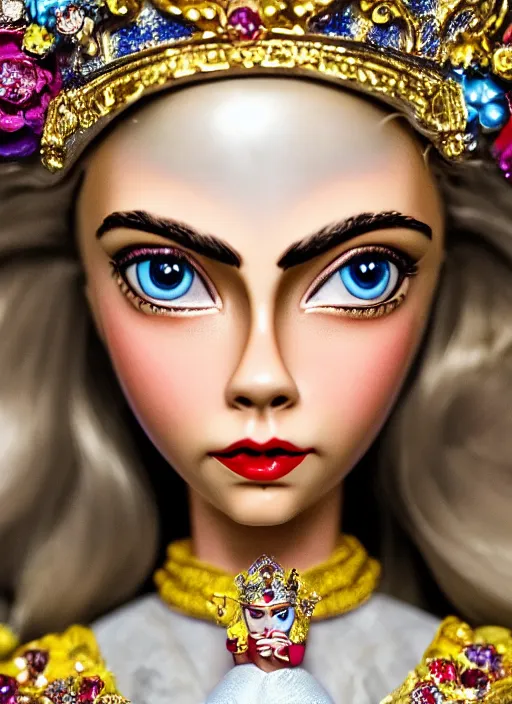Image similar to closeup face profile portrait of a tin toy cara delevingne as a fairytale princess wearing a crown, bikini, depth of field, zeiss lens, detailed, symmetrical, centered, fashion photoshoot, by nicoletta ceccoli, mark ryden, lostfish, breathtaking, 8 k resolution, extremely detailed, beautiful, establishing shot, artistic, hyperrealistic, octane render