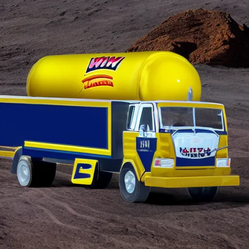 Prompt: Kwik Trip banana truck from Wisconsin driving on the moon