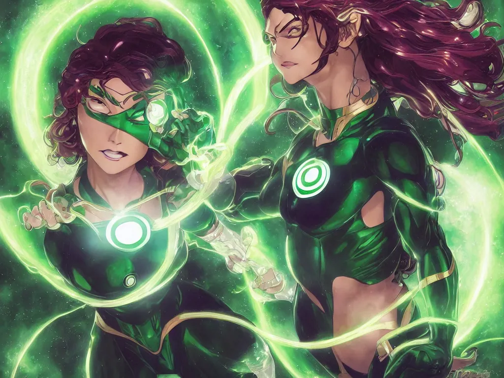 Image similar to anime key visual of one beautiful female green lantern, dc comics, power, hope, glowing, intricate, in space, stunning, highly detailed, digital painting, artstation, smooth, hard focus, illustration, art by artgerm and greg rutkowski and alphonse mucha