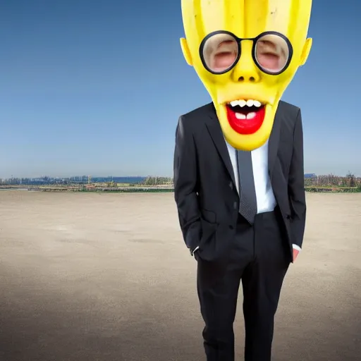 Image similar to banana head, a man wearing a suit banana head