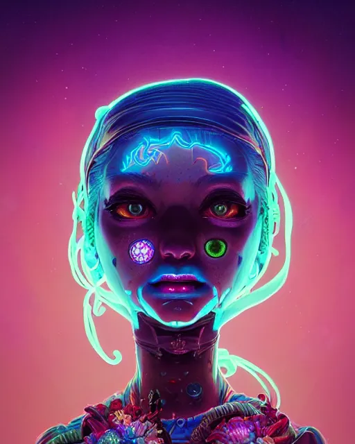 Image similar to portrait of a bioluminescent patchwork doll, highly detailed, digital painting, cinematic, hyper realism, dark retrowave, art by stanley lau and artgerm and james jean, victo ngai, david rubin, mike mignola, laurie greasley, artstation, octane render, cgsociety