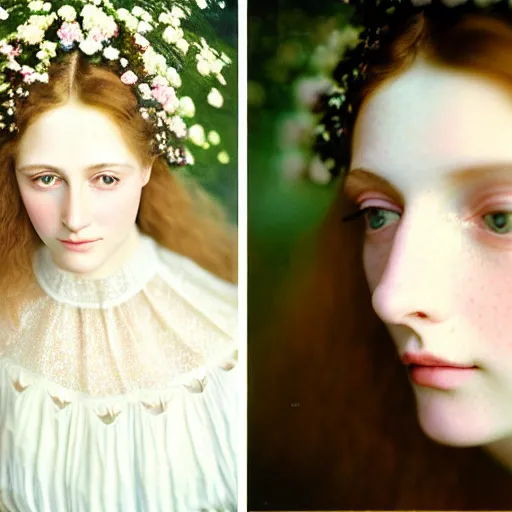 Image similar to Kodak Portra 400, 8K, soft light, volumetric lighting, highly detailed, britt marling style 3/4 ,portrait photo of a beautiful woman how pre-Raphaelites painter, a beautiful lace dress and detailed flowers adorning her hair, white pearls on her beautiful face, Realistic, Refined, Highly Detailed, natural outdoor soft pastel lighting colors scheme, outdoor fine art photography, Hyper realistic, photo realistic