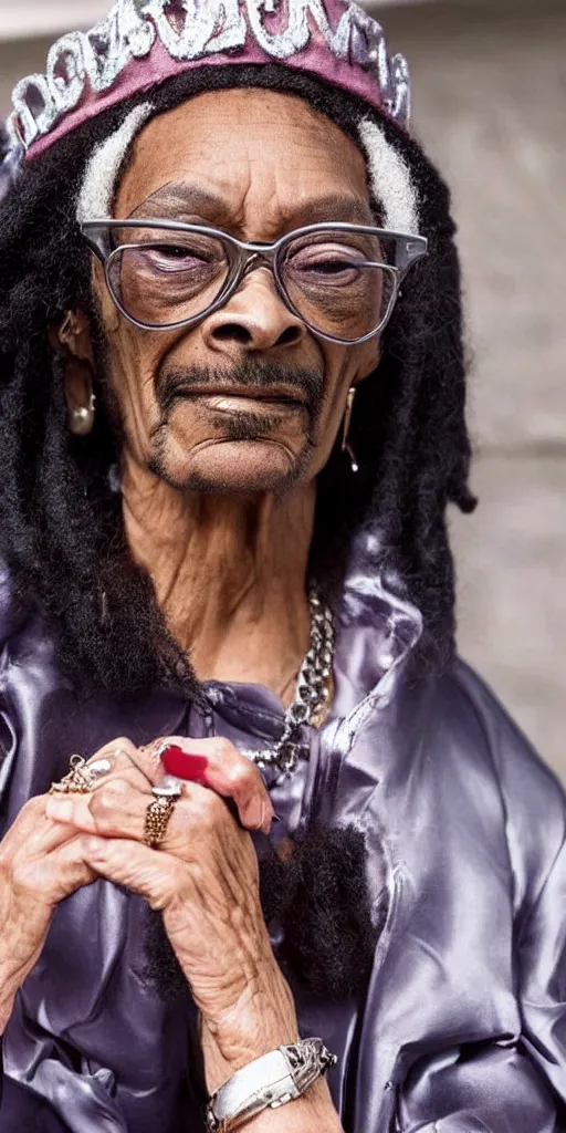 Image similar to an old woman rapper who looks like a mix between snoop dogg and queen elizabeth