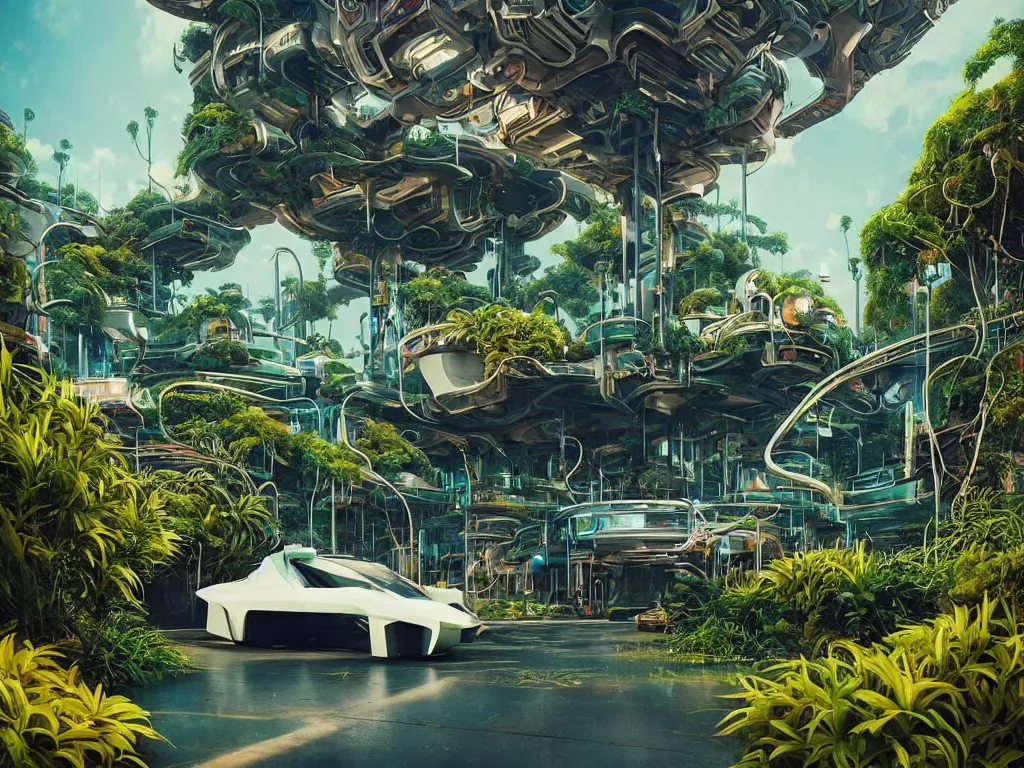 Image similar to 80s futuristic outdoor retro arcade, desolate, lush vegetation:: by beeple and James Gilleard and Justin Gerard :: ornate, dynamic, particulate, intricate, elegant, highly detailed, centered, artstation, smooth, sharp focus, octane render, 3d