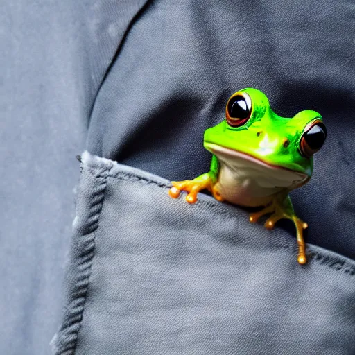 Prompt: a picture of a funny frog peeking out of a jacket pocket, 4K