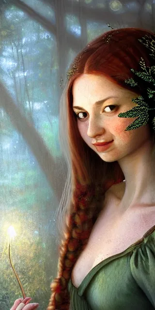 Image similar to young woman, serene smile surrounded by golden firefly lights, amidst nature fully covered by a intricate detailed dress, long loose red hair, precise linework, accurate green eyes, small nose with freckles, smooth oval shape face, empathic, expressive emotions, spiritual scene, hyper realistic ultrafine art by artemisia gentileschi, jessica rossier, boris vallejo