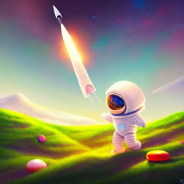 Prompt: epic professional digital art of a marshmallow rocket landing on a cheery candy planet landscape, best on artstation, breathtaking, epic, stunning, gorgeous, much detail, much wow, cgsociety, wlop, pixiv, behance, deviantart, masterpiece