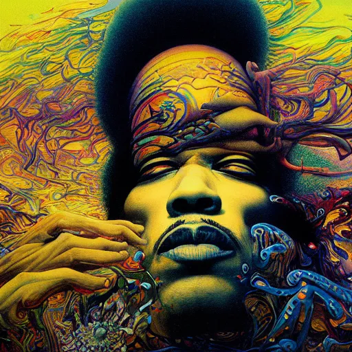 Image similar to ultrawide angle colour masterpiece surreal closeup portrait photography of jimi hendrix playing on stage by miho hirano and annie leibovitz and michael cheval, weird surreal epic psychedelic complex biomorphic 3 d fractal landscape in background by kilian eng and roger dean and salvador dali and beksinski, 8 k