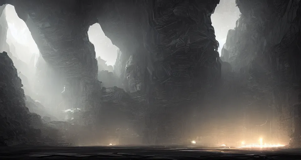 Image similar to futuristic factory in a dark cave, black rocks, dramatic light, intricate, highly detailed, digital painting, volumetric light, artstation, concept art, sharp focus