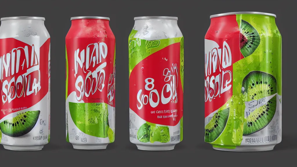 Prompt: packaging design for a kiwi soda can, design inspired by the 8 0's, product photography, studio lighting, diffused lighting, high detail, smooth sharp focus, unreal engine 5 render, 4 k