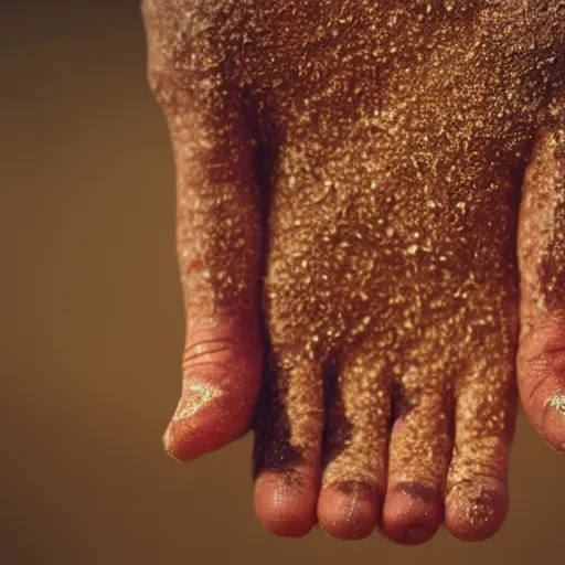 Image similar to a hand holding a face made of sand, color photo, 8 5 mm high depth of field, warm color palette