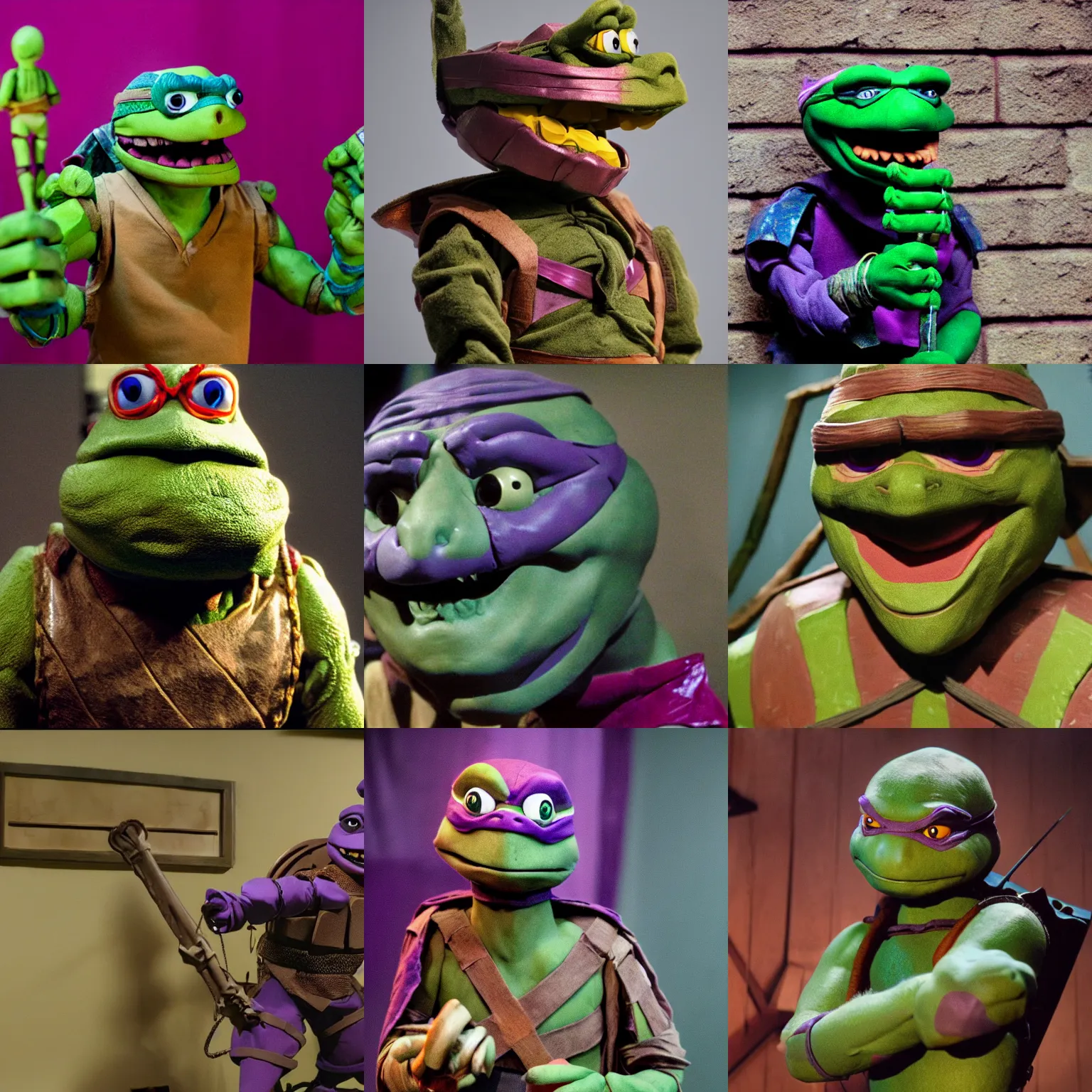 Prompt: donatello teenage mutant ninja turtles animatronic puppet by jim henson, movie still, cinematic, 8k