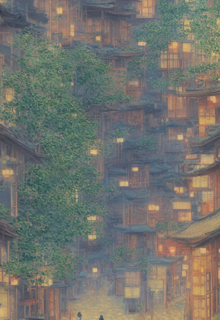 Image similar to a beautiful japanese city near the sea, ryokans and edo era houses, cyberpunk, lofi vibe, oil painting in impressionist style, by monet, by makoto shinkai, multiple brush strokes, inspired by ghibli, masterpiece