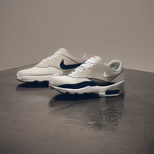 Image similar to a studio photoshoot of A Nike air max sneaker designed by Dieter Rams, Fear or God, realistic, color film photography by Tlyer Mitchell, 35 mm, graflex