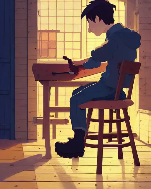 Prompt: woodworker building a new chair on his shop, detailed, cory loftis, james gilleard, atey ghailan, makoto shinkai, goro fujita, studio ghibli, rim light, exquisite lighting, clear focus, very coherent, plain background, soft painting