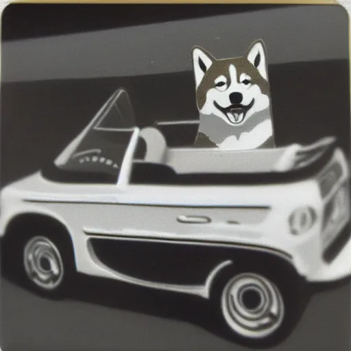 Image similar to cartoon of a shiba inu driving a car, 1977 picture, polaroid, nostalgic feeling