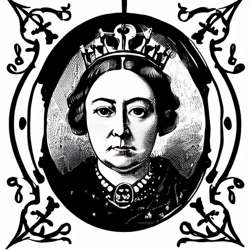 Prompt: queen victoria with a detailed line work skull over her face in screen print graphic style