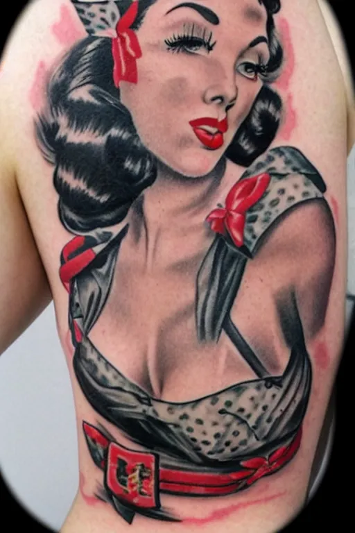 Prompt: traditional American tattoo of a pinup doll, WWII style, detailed