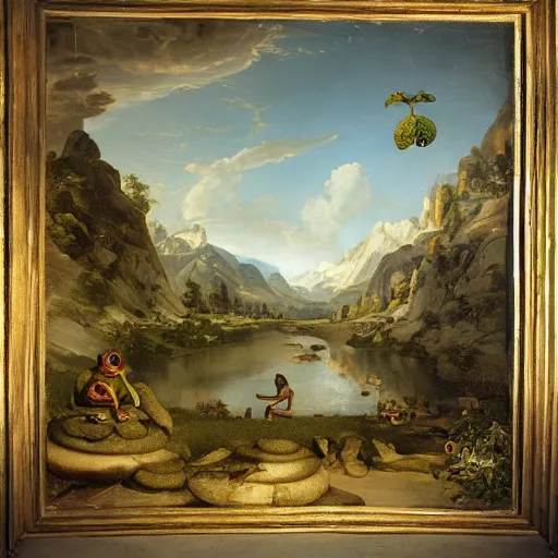 Prompt: a Happy frog by Ansel Adams and Bernardo Bellotto, oil on canvas, artstation, dramatic scenery, masterpiece, aesthetic