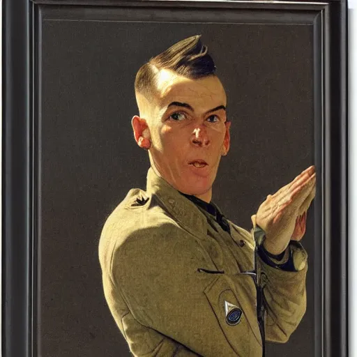 Prompt: frontal portrait of a soldier giving a military salute, but doing the loser hand gesture, by Norman Rockwell