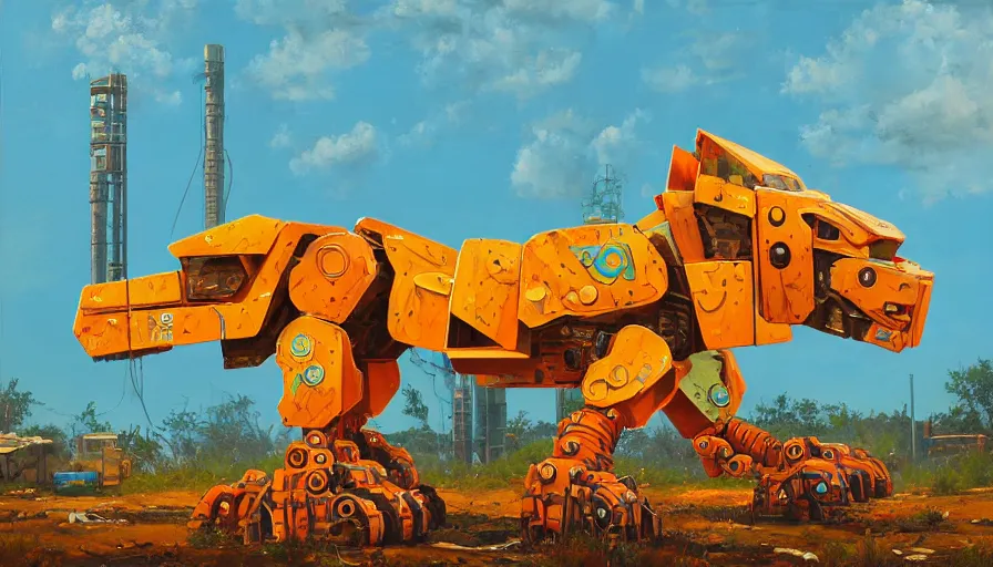 Image similar to an intricate oil painting of a giant south african armored cheetah shaped scrap metal mecha by simon stalenhag, yellow, orange and cyan paint decals