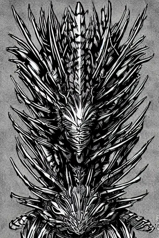 Image similar to armoured warrior thistle monster, symmetrical, highly detailed, digital art, thistle themed armour, sharp focus, trending on art station, kentaro miura manga art style