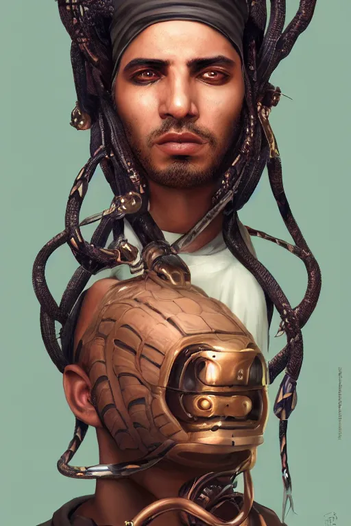 Prompt: portrait of a egyptian cyberpunk guy with snake dreads, by artgerm, tom bagshaw, gerald brom, 4 k, smooth, hd, substance designer render, full body character concept art, cel shading, toon shading, vaporwave colors,