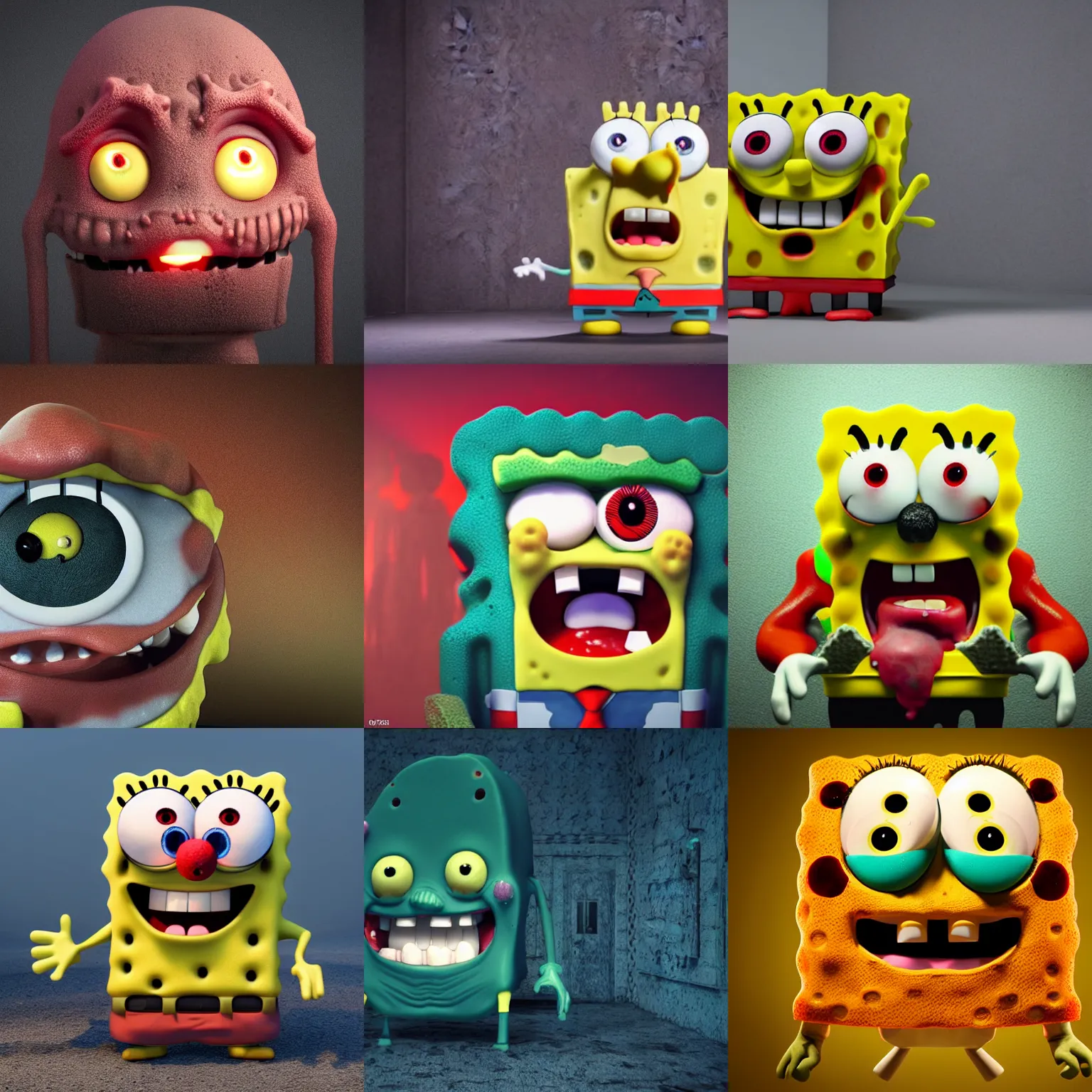 Prompt: 3 d creepy cgi evil spongebob staring with red eyes. octane render. volumetric fog, 4 k, darkness, scary, eery, realistic, hyperrealism, pores, textures, wrinkles, fleshy sponge horror, dark, dimly lit shadows, made by meatcanyon