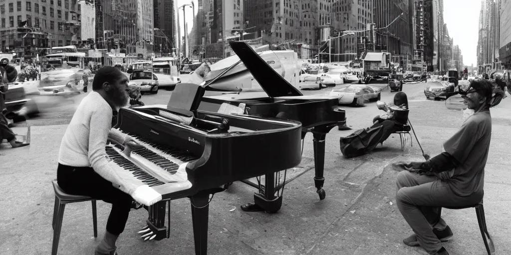 Prompt: a super high-resolution photo of a monkey playing the piano in the busy New York street