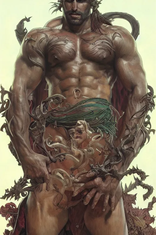 Prompt: portrait of gigachad as a hulking herculean demon, forest, godlike, full body, fantasy, intricate, elegant, highly detailed, digital painting, artstation, concept art, sharp focus, illustration, art by artgerm and greg rutkowski and alphonse mucha