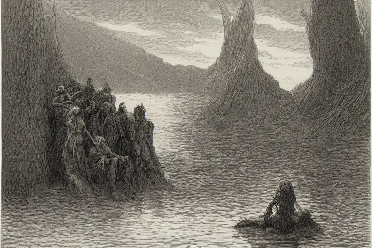 Image similar to demons near calm lake, Gustave Dore lithography