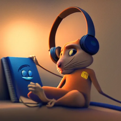 Prompt: still of a crying anthropomorphic rat laying in bed with a Walkman and headphones in a Disney Pixar movie, 35mm f2.8 4k, artstation, PBR materials, Pixar Renderman render, sad scene