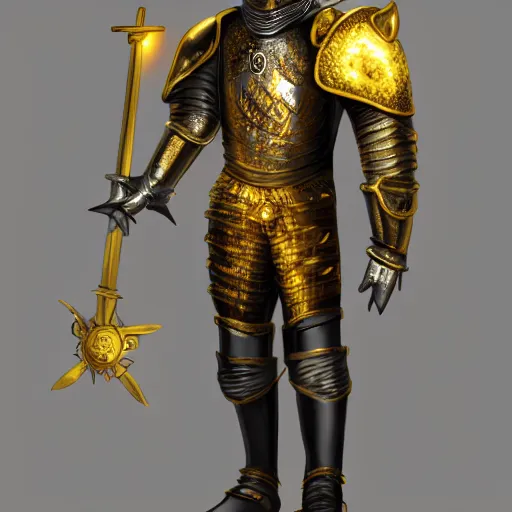 Prompt: a highly detailed knight in a golden helmet and a golden crown with a diamond in the center, glowing purple eyes, golden armor, leather clothes under the armor, leather gloves, holds a black sword, artstation, DeviantArt, professional, octane render, sunset lighting