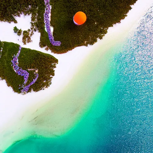 Prompt: Top down of an orange beach with a purple ocean