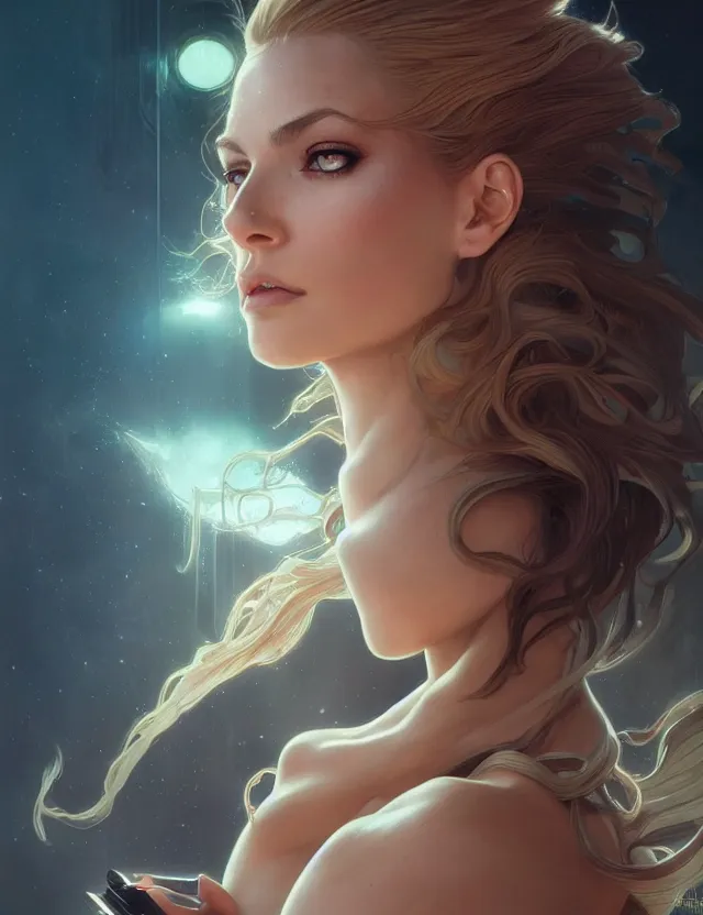 Image similar to futuristic woman portrait, sci-fi, amber eyes, face, long hair, fantasy, intricate, elegant, highly detailed, digital painting, artstation, concept art, smooth, sharp focus, illustration, art by artgerm and greg rutkowski and alphonse mucha