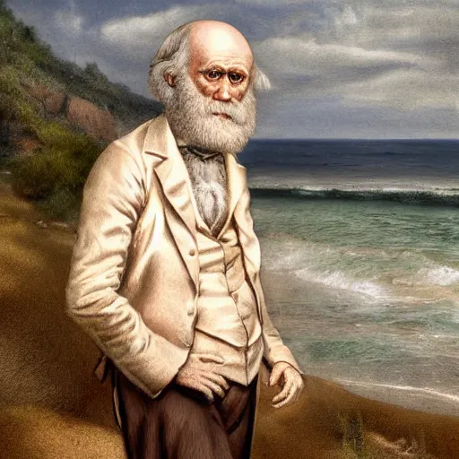 Prompt: charles darwin in a women's bikini realistic 8 k hdr photograph