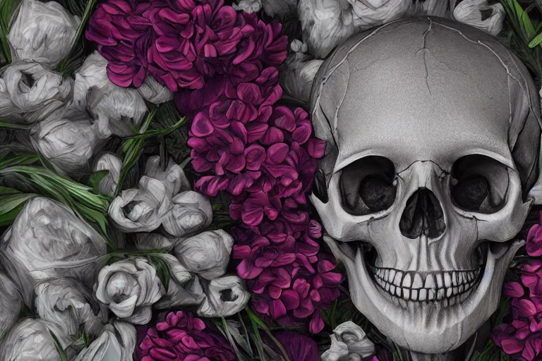 Prompt: human skull made of flowers, artstation, illustration, hd, hq, high resolution, high detail, 4 k, 8 k