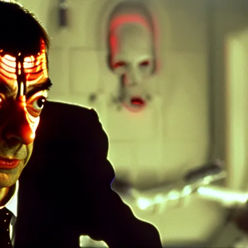 Image similar to mr. bean as the terminator. movie still. red glowing eye. t 1 0 0 0, cinematic lighting.