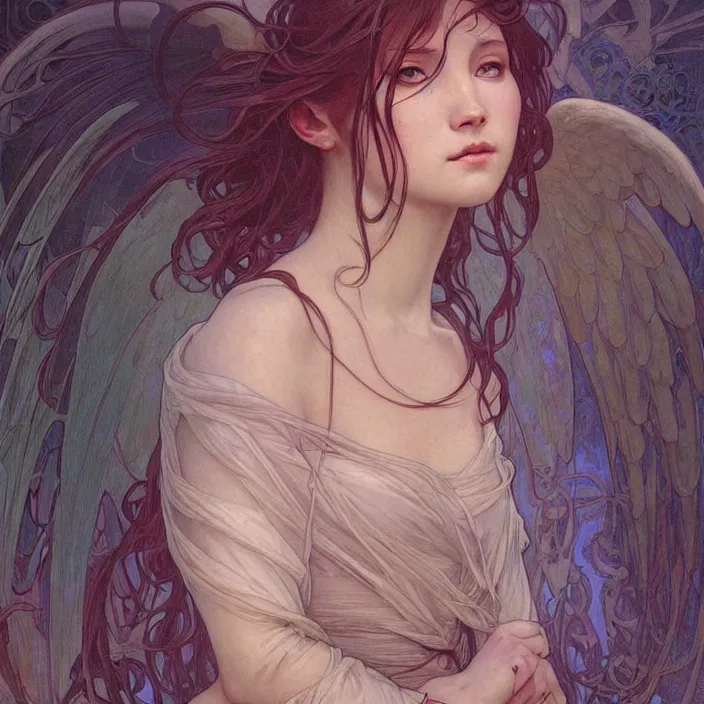 Image similar to A portrait of A beautiful! angel by Ross Tran!!! and alphonse mucha and greg rutkowski! and gustav doré! and Zdzisław Beksiński!,In style of digital art illustration.Symmetry.Highly detailed face.Fantasy,smooth,hyper detailed,sharp focus,Soft light.trending on artstation.4k