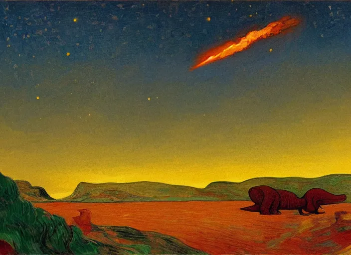 Image similar to painting of the extinction of the dinosaurs with asteroid and fire, in the style of edward hopper and vincent van gogh, dramatic lighting at dusk