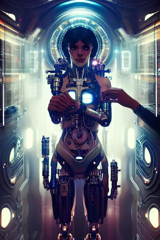 Image similar to ultra realistic, beautiful female cyborg in a crowded smoky cyberpunk club in space megalopolis, sci - fi, intricate details, eerie, highly detailed, octane render, 8 k, art by artgerm and alphonse mucha and greg rutkowski