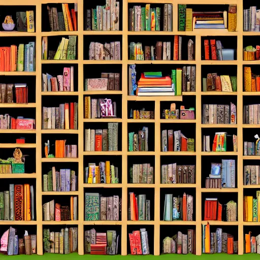 Prompt: enchanted bookshelves, in the style of colin thompson, highly detailed, playful fantasy