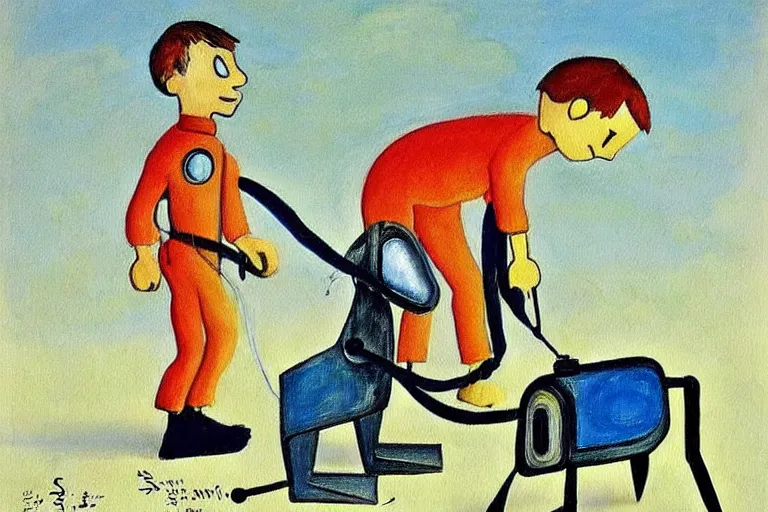 Image similar to a detailed painting of a ( ( ( ( ( boy and his robot dog ) ) ) ) ) by antoine de saint - exupery!!!!!!!!!!!!!!